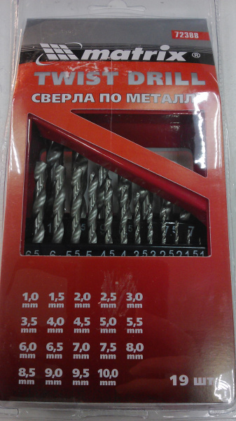 Набор сверл по металлу, 1-10 мм, HSS, 19 шт. "MATRIX" 72388